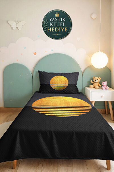 Evimde Bambaşka Black Gold Geometric Young Room Single Pique Set - Anthracite...