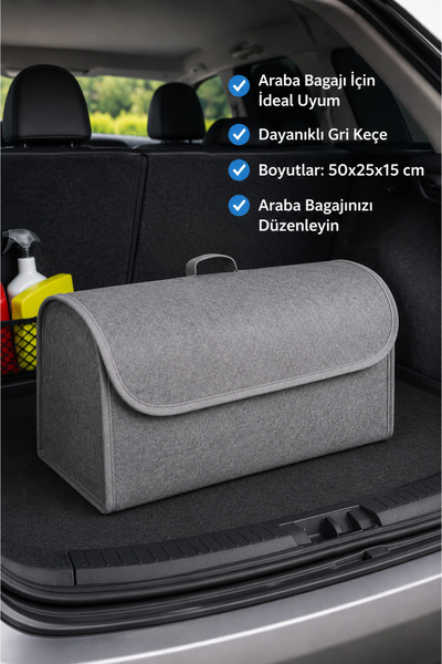 JASPER Gri Keçe Araba Bagaj Çantası – Oto Bagaj Organizer Kapaklı Cırtlı Düze...