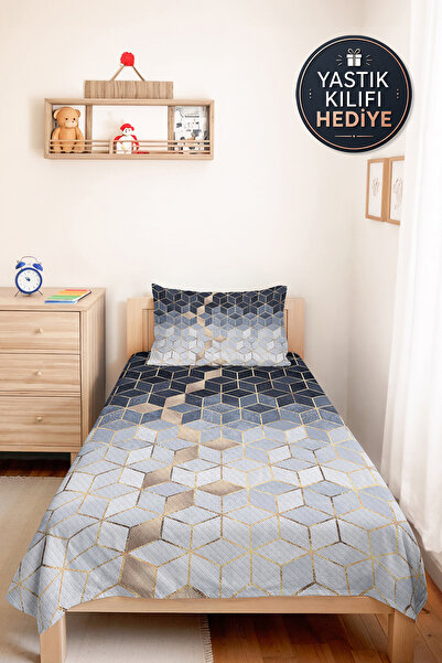 Evimde Bambaşka Blue Geometric Modern Young Room Single Pique Set - Gold Gray...