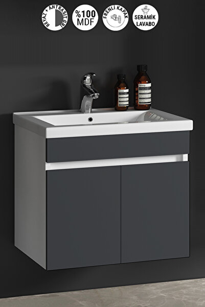 ÖZCEDEN Çiğdem 55 Cm Beyaz-Antrasit Gri Mat MDF Seramik Lavabolu Asma Banyo A...