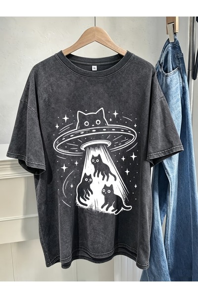 Touz Moda Alien Cat Printed Washable Vintage Unisex Oversize T-Shirt