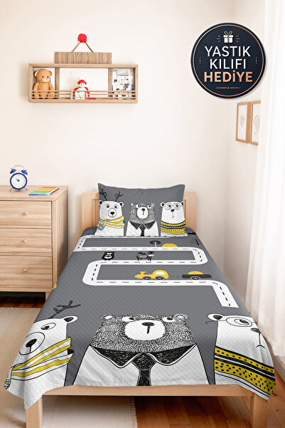 Evimde Bambaşka Bear and Car Children's Room Single Pique Set - Yellow Nordic...