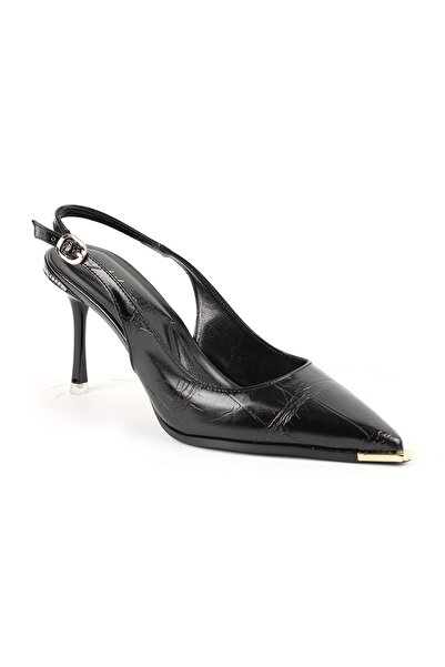 Libero Women's Stiletto Patterned Metal Toe Detailed Slingback Thin Heeled Ev...