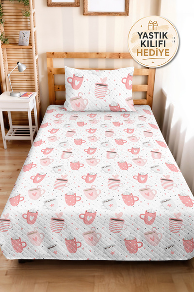 Evimde Bambaşka Pink Coffee Cup Girl's Pique Set-Pastel Heart Gray White Baby...