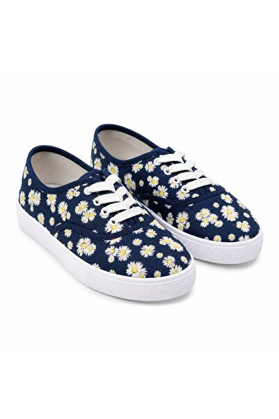 Collezione Navy Blue Daisy Patterned Lace-Up Casual Shoes (Choose 1 Size Larger)