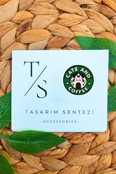 Tasarım Sentezi Rozet Metal Broş Cats And Coffee Kedi ve Kahve Yaka Çanta Kıy...