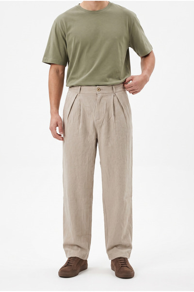 Respire Men's Pleated Detailed Tencel Baggy Trousers Beige