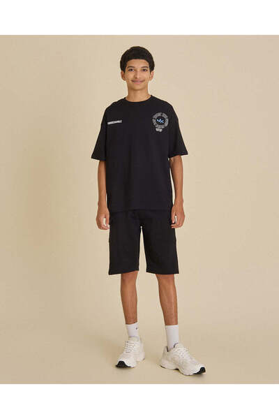 REDTAG Senior Boys Black 2 Pieces Short Sleeve T-Shirt With Shorts Set