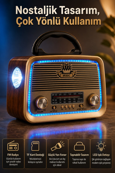 Multifunctional Vintage Bluetooth Speaker Radio Flashlight TF Card USB aux Powered Portable