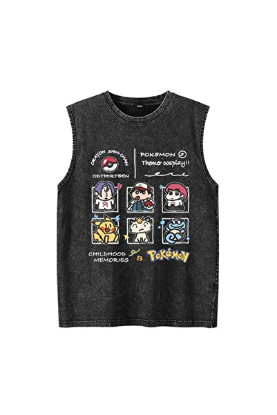Violon Black Pokemon Crew Neck Washable Vintage Unisex Oversize Sleeveless Un...