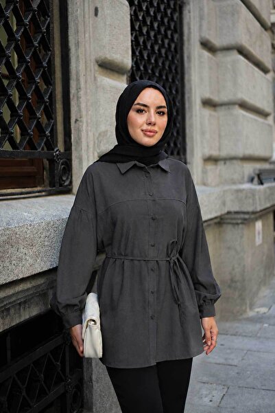LOCCO Women's Modal Shirt with Green Front and Tie at the Waist, Anthracite