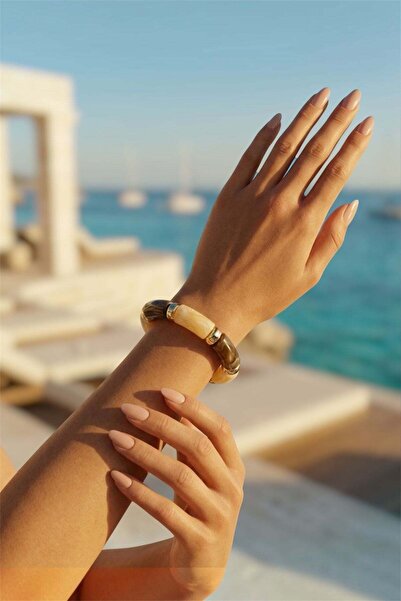 MatmazelLavinya Beige Brown Bone Bracelet |   Gold Detailed Elastic Women's B...