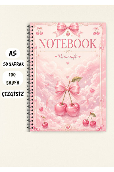 VORACRAFT Kiraz Temalı Not Defteri 50 Yaprak /100 Sayfa, A5 / Tel Spiral CZGS...