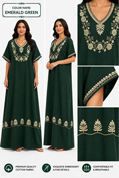 AYOUSH Women's Long Cotton Embroidered Gown - Short Sleeves - Comfortable Ori...