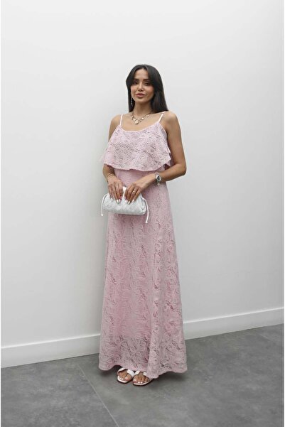 Havoş Pink Butler Lace Detailed Strap Dress