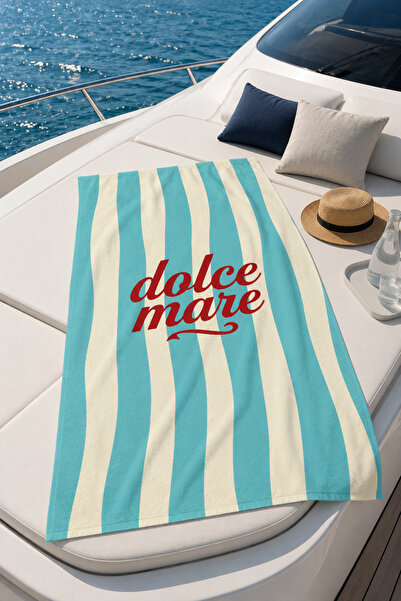 Evmila Mint prugasti peškir za plažu Dolce Mare sa tekstualnim uzorkom, 70x15...