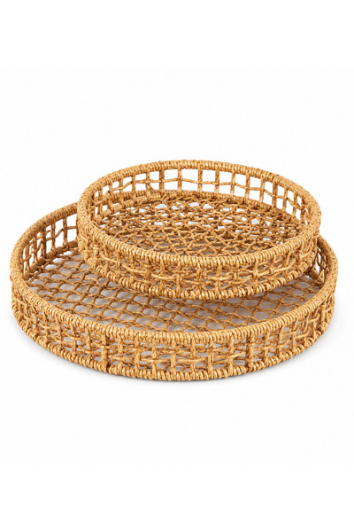 welcomein 2’li Rattan Yuvarlak Tepsi Seti Hasır Görünümlü Dekoratif Sunum ve ...