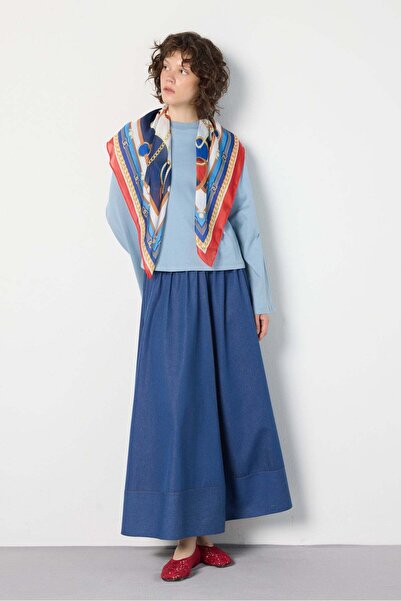 minaaise Crop Geniş Kol Oversize Basic T-shirt Mavi 30059