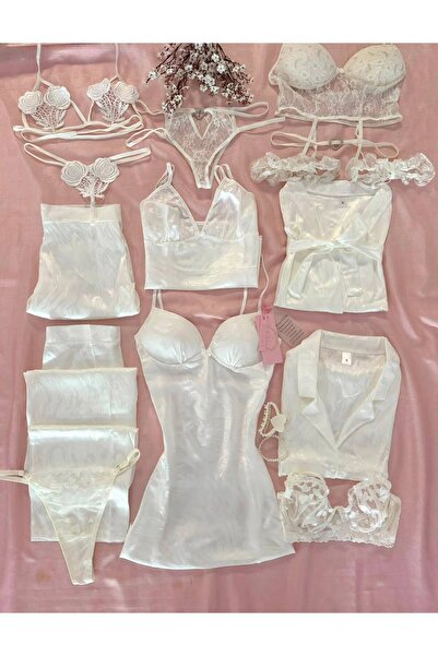 MH Moony Homewears 12 Piece Premium Patterned Satin Fabric White Dowry Set