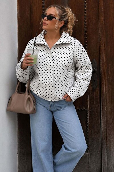 Madmext White Polka Dot High Collar Bomber Jacket Mg2850