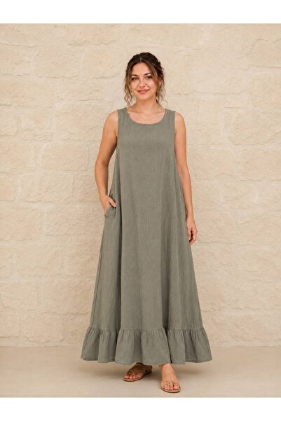 AGORATEKSTİL Women's Flounced Thick Strap Cotton Fabric Dress 42-46
