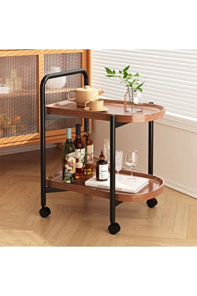 Taimi Two-tier beverage serving trolley with a black metal frame and swivel w...