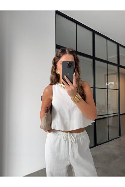 BB Bensu Buyruk Crop Top Elastic Waist Pants Linen Suit Ecru