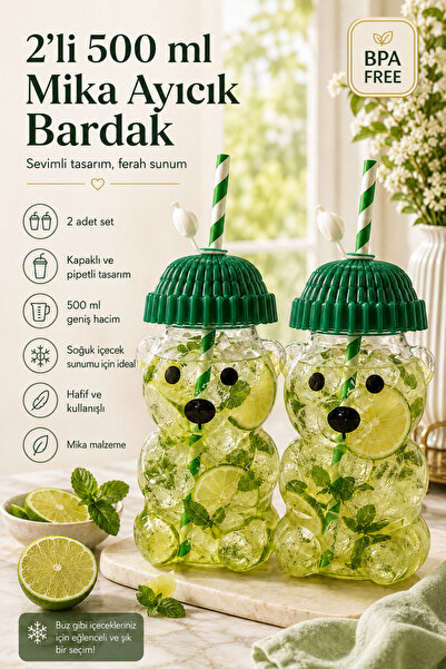 DİVAYS 2'li 500 ml Mika Ayıcık Bardak Kapaklı Pipetli Soğuk İçecek Bardağı