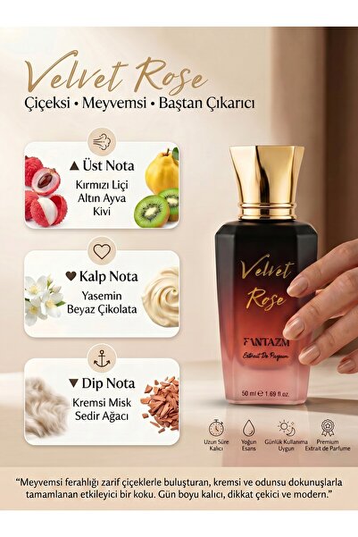 Fantazm Velvet Rose Extrait De Parfum 50 ML Kadın Parfümü - Çiçeksi Meyvemsi Kalıcı Yoğun Esans