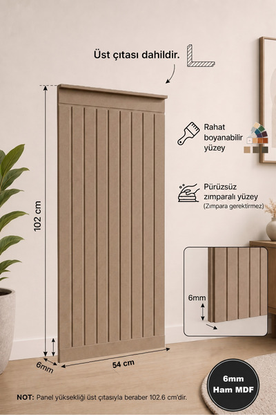 HMC DECOR Çizgili Lambiri Görünümlü Boyanabilir Duvar Paneli 6mm Ham MDF (54x...