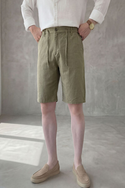 MENOFOURSWEAR Erkek Bel Bağcıklı Regular Fit Old Money Pamuklu Keten Dokuma Şort