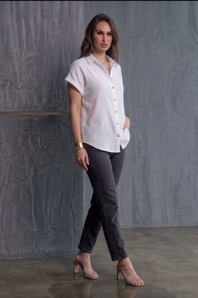 Flubutik Women's Muslin Collar Buttoned Full Button Shirt White
