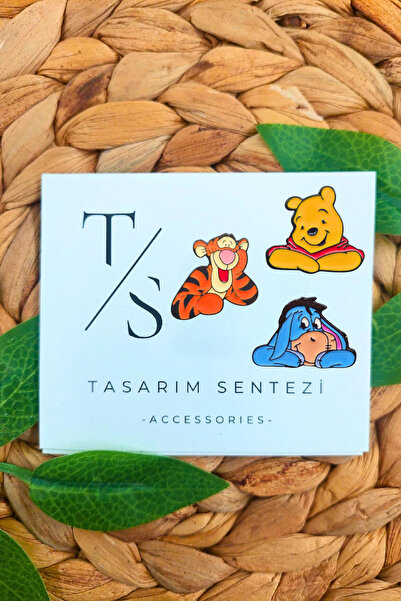 Tasarım Sentezi Rozet Metal Broş 3'lü Winnie The Pooh Ayı Eeyore Iyor Eşek Ka...