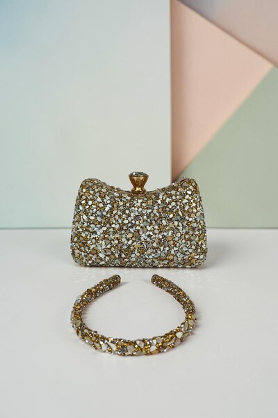 DNC Art&Deco Pearlescent Gold Evening Dress Bag with Crown Gift Luxury Portfo...