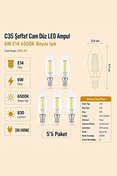 Heka C35 Şeffaf Cam Düz LED Ampul 6W E14 6500K Beyaz Işık ERD-93 5'li