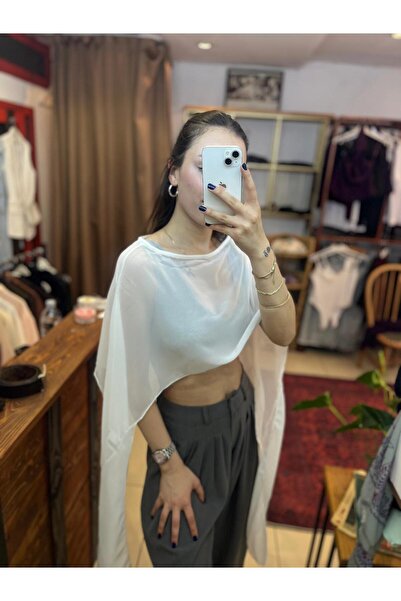 Başak Bulut Butik Beyaz Şifon Pelerin Bluz