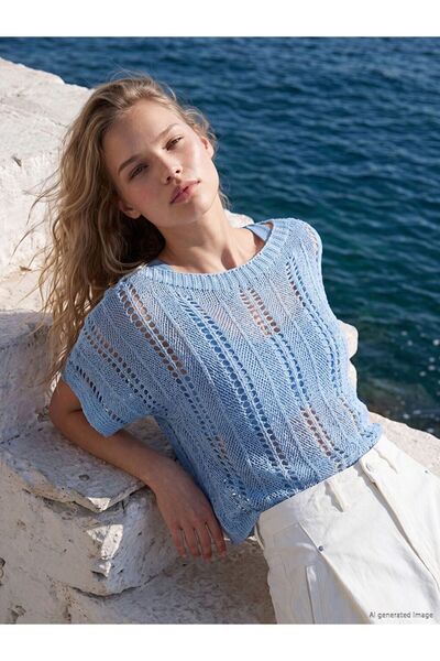 LC Waikiki Lcw Vision Blue Boat Neck Openwork Women's Knitwear Sweater
