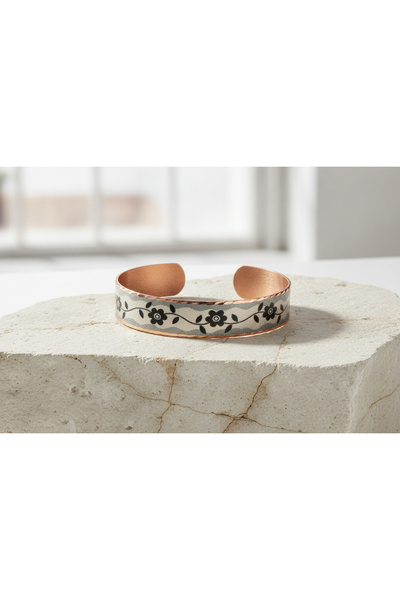 Erol Bakır Copper Flower and Ivy Pattern Adjustable Clamp Bracelet