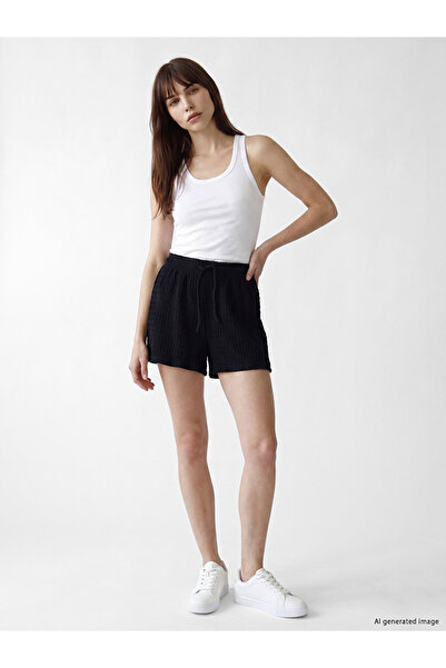 LC Waikiki Black Textured Women's Shorts with Elastic Waist