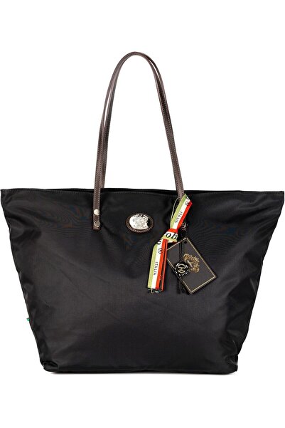 OROBIANCO Paradi Nylon Black/Brown Leather Handbag
