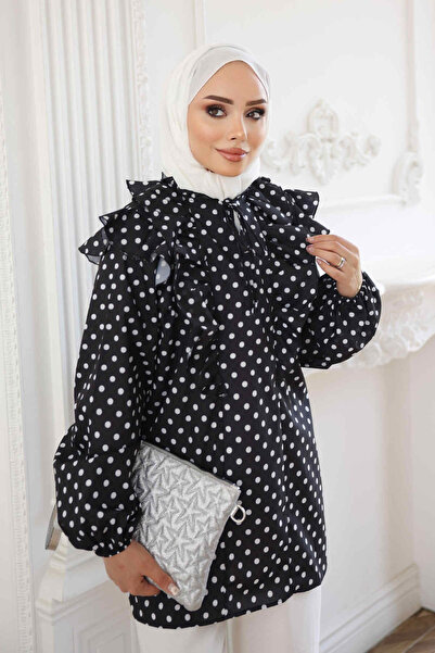 İmajButik Siyah Yaka Bağlamalı Puantiyeli Tunik