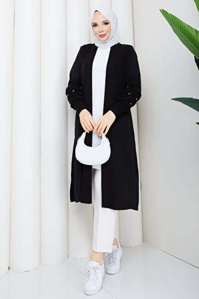 Pamuk Butik Women's Knitwear Cardigan with Stone-Embellished Sleeves and Pockets