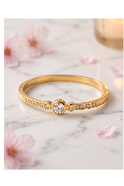Kadın Taşlı Gold Bangle Bileklik – Zarif ve Minimalist Tasarım – Kararmaz Çelik