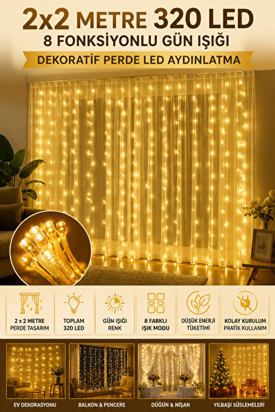 Hane Dostu 2x2 Metre 320 LED Gün Işığı Perde Aydınlatma 8 Fonksiyonlu Dekorat...