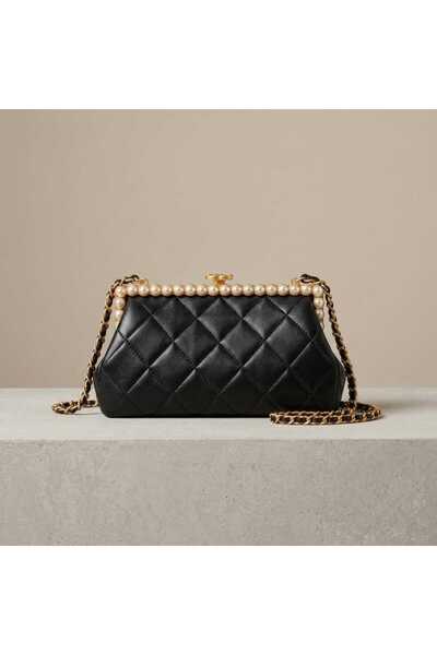 Generic TOP Choice Elegant Quilted Pearl Trim Frame Clutch Bag with Chain Str...