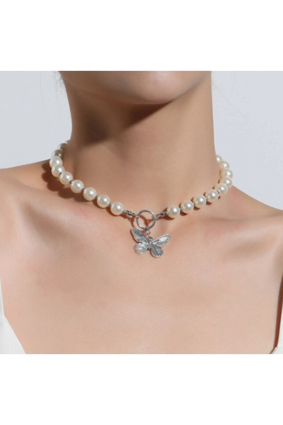 CRM Colier choker elegant cu perle și pandantiv fluture pentru femei, CRM, ar...