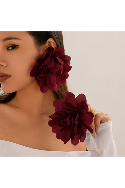 Choice4 Red Exaggerated Big Silks Satins Flower Stud Earrings Women Elegant P...