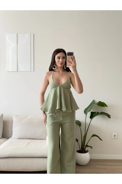 Zoom Butik Boyun Bağlamalı Müslin İkili Takım - YEŞİL