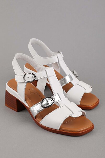 Gondol Women's Genuine Leather Mid-Heeled Daily Sandals Iz.12132 White - Silver