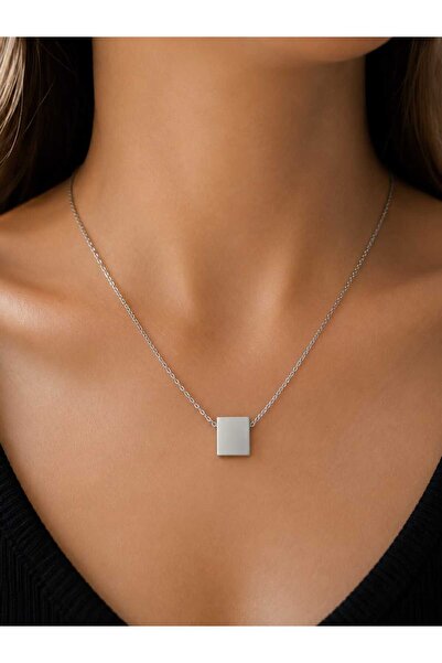 Satürn Silver Kuyumculuk Kare İsim Yazılır Çelik Kolye Minimal
